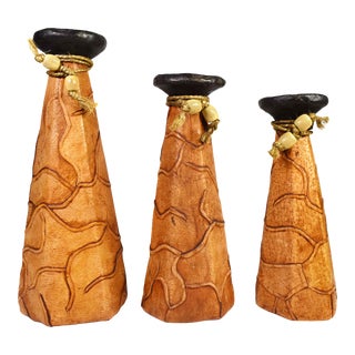 Folk Art Handmade Pottery Clay Art Wrapped Covered With Leather Candlestick Candle Holders - Set of 3 For Sale