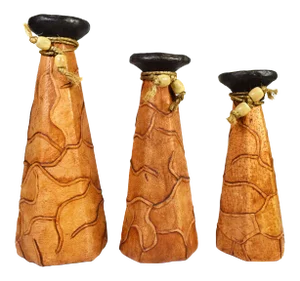 Folk Art Handmade Pottery Clay Art Wrapped Covered With Leather Candlestick Candle Holders - Set of 3