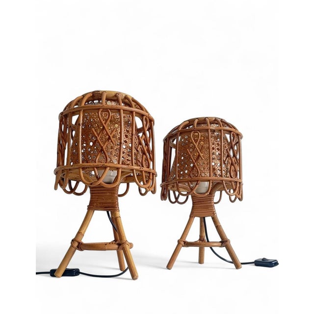 Louis Sognot French Riviera Rattan and Cane Table Lamps by Franco Albini, 1960s, Set of 2 For Sale - Image 4 of 14