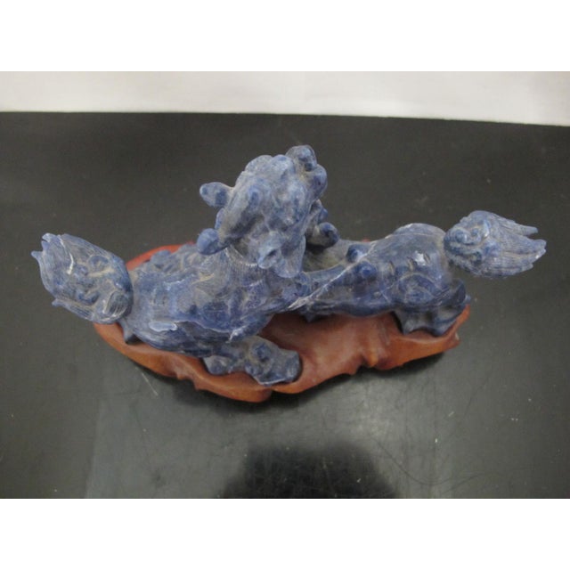 Chinese Carved Lapis Lazuli 2 Foo Dog Playing Figurine on Wood Stand For Sale - Image 10 of 12