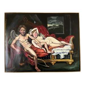 1990s "Cupid & Psyche" Realist Original Figurative Oil Painting by Palmer Saylor III, Framed
