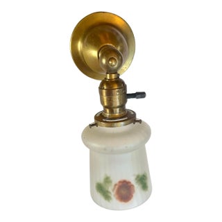 1920s Botanical Motif Glass Shaded Wall Sconce on Original Patina Brass Fixture For Sale