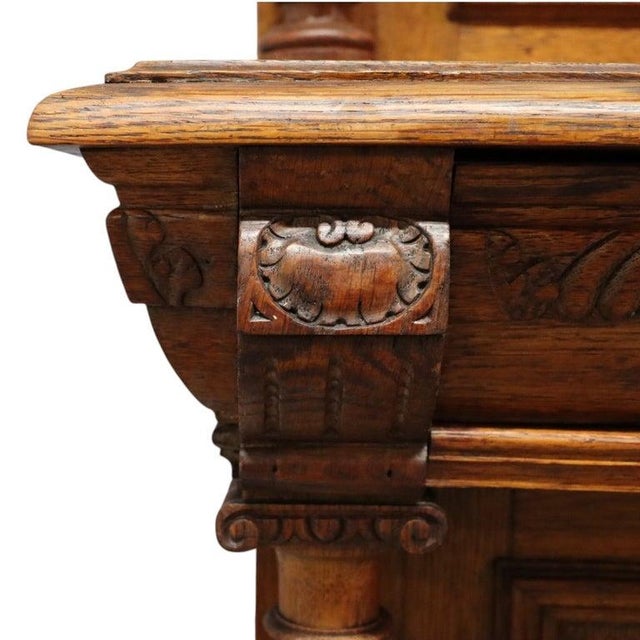 Continental Gothic Carved Oak & Stained Leaded Glass Court Cupboard C1900 For Sale - Image 14 of 17