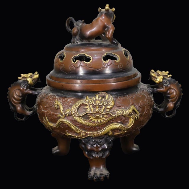 Metal Large Vintage Gilt Bronze Tripod Censer With Dragon and Beast Motifs For Sale - Image 7 of 10