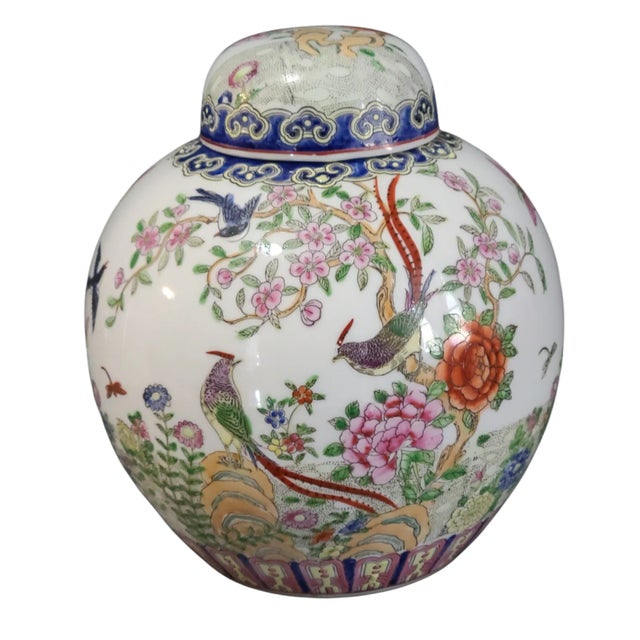 Vintage Asian Macau Hand Painted Colorful Floral Birds Ginger Jar Marked For Sale - Image 9 of 9