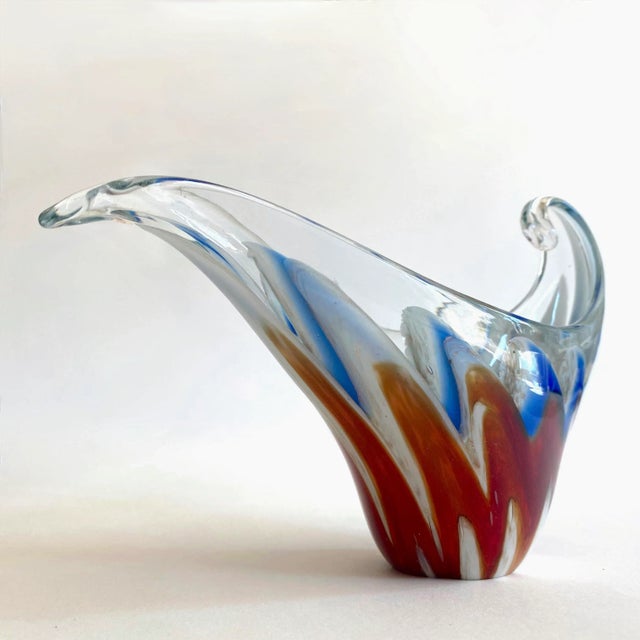 This vintage Mid Century Modernist Murano art glass Aventurine multicolor zigzag swirl sculptural scroll decorative bowl...