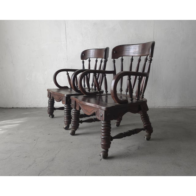 Brown Pair of Antique English Jacobean Windsor Lounge Chairs For Sale - Image 8 of 12