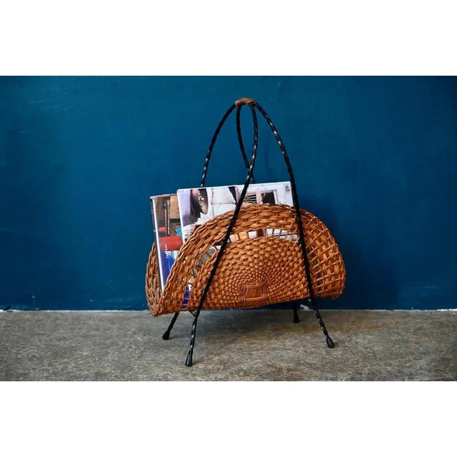 Wood Wicker and Wrought Iron Magazine Rack, 1960s For Sale - Image 7 of 8