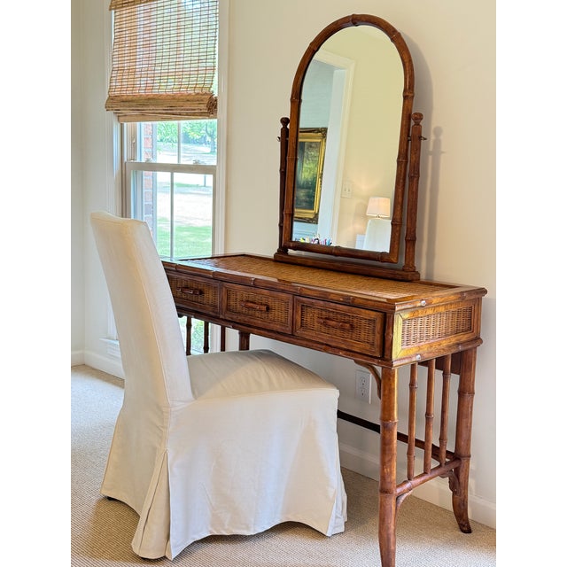 American of Martinsville Vintage Coastal Faux Bamboo Rattan Vanity Desk Console With Detachable Mirror For Sale - Image 17 of 17