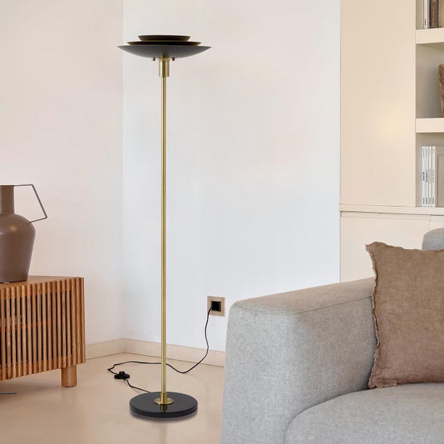 Contemporary Rancho Mirage Torchiere Floor Lamp - Matte Black & Gold-Leaf Shade, Weathered Brass, Black Marble Base, Dimmer For Sale - Image 3 of 12