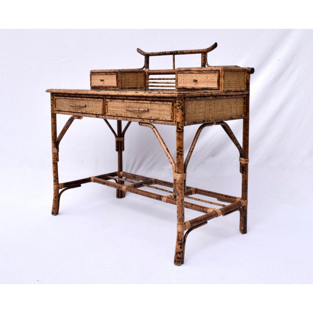 1980s Vintage British Colonial Style Burnt Bamboo and Grasscloth Pagoda Desk For Sale - Image 5 of 12