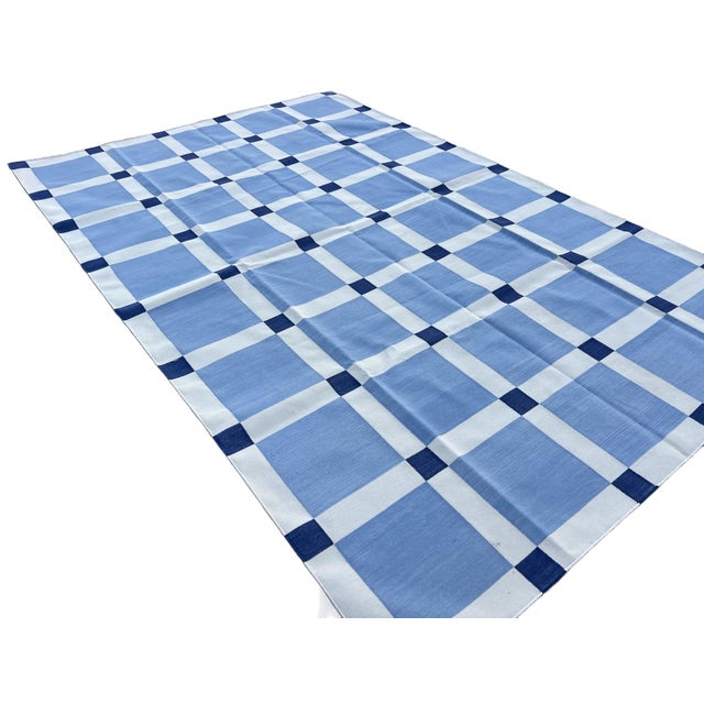 Handmade Cotton Vegetable Dyed Rug, Sky Blue and White Tile Geometric Dhurrie-6'x9' For Sale - Image 16 of 18