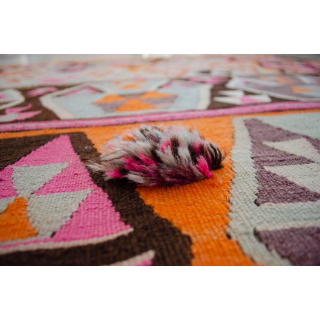 Vibrant Turkish Kilim Rug, 1966 Dated Vintage Tribal Rug, Pink and Orange Geometric Flatweave 6x8 Ft Approx For Sale - Image 11 of 18