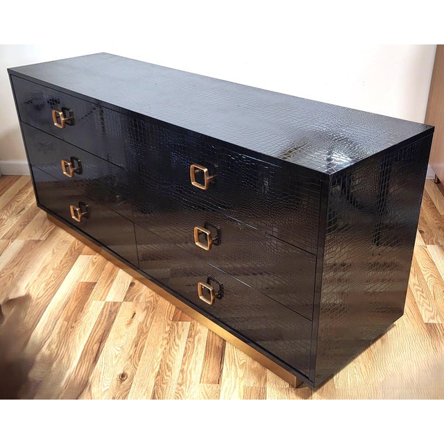 Modern Black Faux Crocodile & Bronze Double Dresser Chest For Sale - Image 4 of 15