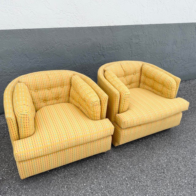 These cheerful vintage barrel chairs bring together classic Mid-Century comfort with playful 1980s color and pattern....