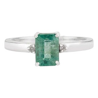 Natural Emerald and Diamond Engagement Ring in 925 Silver - Size 7 For Sale