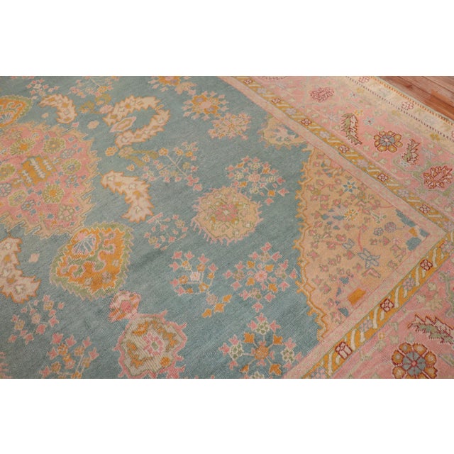 1900s Exhilarating Teal Pink Oversize Oushak Rug - 13'4" x 15'8" For Sale In New York - Image 6 of 6