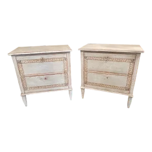 French Neoclassical Greek Key Design Bed Side Chests - A Pair