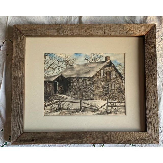 Original vintage framed watercolor of a mill house, from a Lancaster County Pennsylvania estate. Image measures 10.5” x...