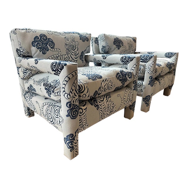 Mid-Century Modern Baughman Style Parsons Chairs With Ethan Allen Tenzing Silver Fabric- Set of 2 For Sale