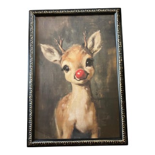 Large Framed Baby Rudolph Christmas Reindeer Wall Art, 28” X 39” For Sale