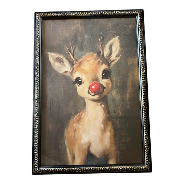 Large Framed Baby Rudolph Christmas Reindeer Wall Art, 28” X 39” For Sale