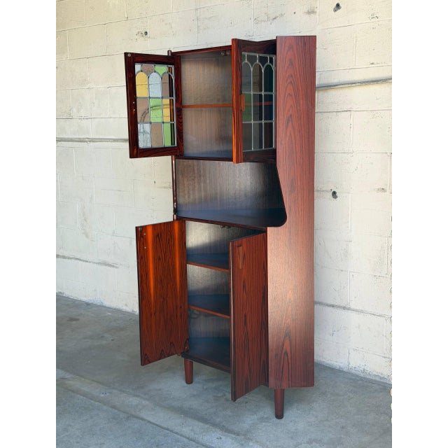 Rosewood Corner Cabinet With Stained Glass Storage Hutch Danish Mid-Century Modern 1960s For Sale - Image 4 of 12