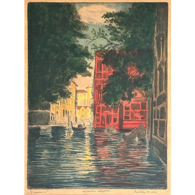 Bela Sziklay - Vintage Hand Colored Etching of Venice Canal, Signed (c. 1955, Framed). Hand colored etching of Venice...