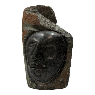 Late 20th Century Signed "T M" Modernist Shona Serpentine Stone Face Sculpture For Sale