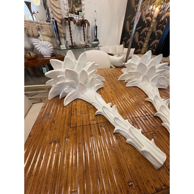Vintage Palm Beach Pair Serge Roche Style Plaster Palm Frond Wall Light Sconces For Sale - Image 9 of 12