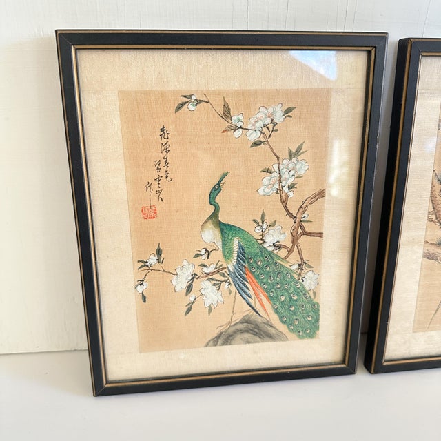 Textile Early 20th Century Set of 3 Chinese Watercolor Paintings on Silk With Bird Motifs For Sale - Image 7 of 12