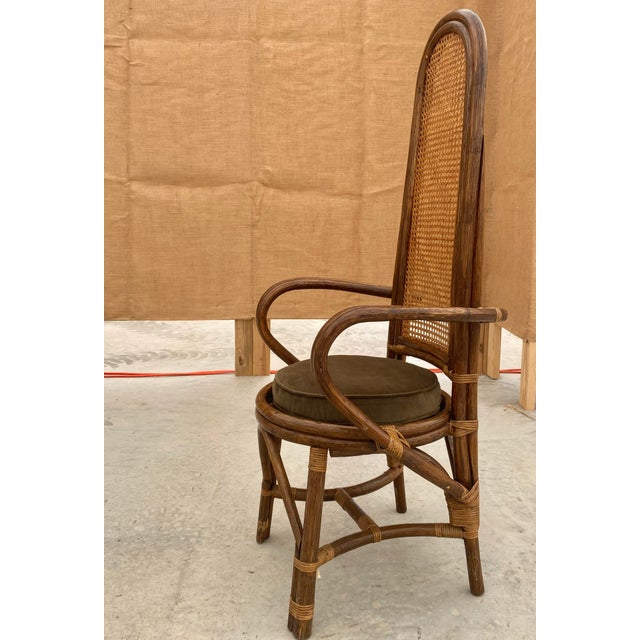 1960s 1960s Rattan + Cane Dining Chairs + Dark Moss Green Down Seat Cushions, Set of 8 For Sale - Image 5 of 12