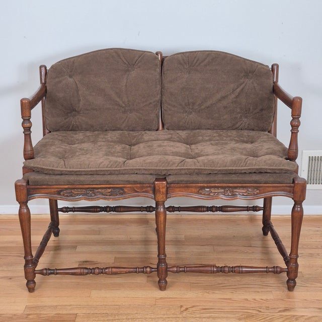 Mid 20th Century French Country Petite Walnut Ladder Back Settee Bench W/ Brown Faux Suede Cushions For Sale - Image 12 of 12