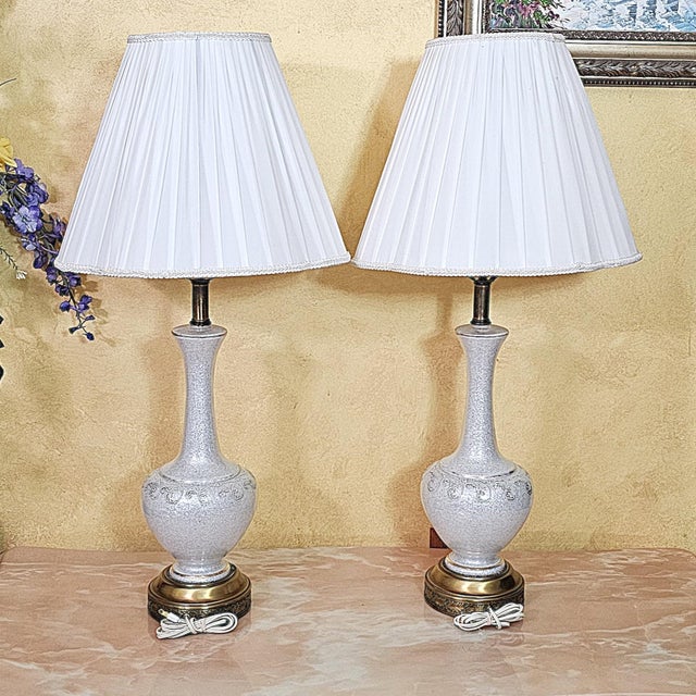 Hollywood Regency Mid 20th Century Pair of Vintage White Crackle-Glaze Table Lamps With Pleated Shades – 35” For Sale - Image 3 of 18