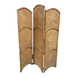 1950s Three Panel Arched Wicker Woven & Rattan Folding Screen