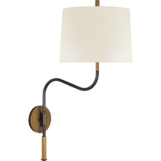 Thomas O'Brien for Visual Comfort Signature Canto Medium Swinging Wall Light in Bronze and Brass with Linen Shade For Sale