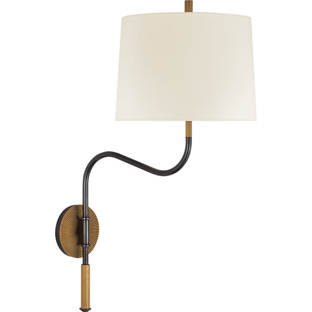 Thomas O'Brien for Visual Comfort Signature Canto Medium Swinging Wall Light in Bronze and Brass with Linen Shade For Sale