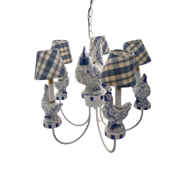 Late 20th Century Vintage Chandelier Blue White Ceramic Rooster Chicken French Country Lighting For Sale - Image 5 of 8