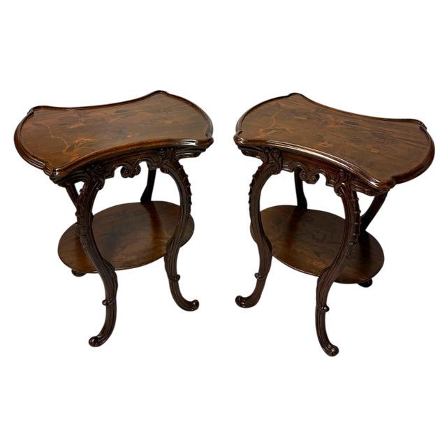 Art Nouveau Pair of French Art Nouveau Louis Majorelle Style Inlaid Side Tables For Sale - Image 3 of 10