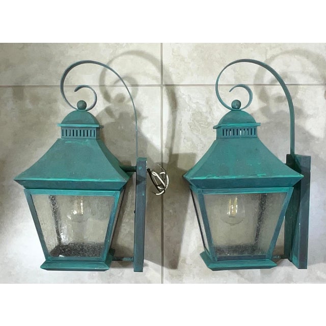 Rustic Pair of Vintage Solid Brass Outdoor Lanterns – Arts & Crafts Mission Style For Sale - Image 3 of 13