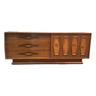 1960s Sculpted Walnut With Burl Long Low Dresser by Young For Sale