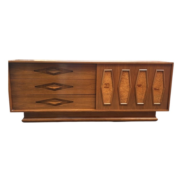 1960s Sculpted Walnut With Burl Long Low Dresser by Young For Sale