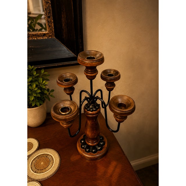 Mid-Century Modern Vintage MCM Wood & Metal 5 Arm Candle Holder Candelabra For Sale - Image 3 of 4