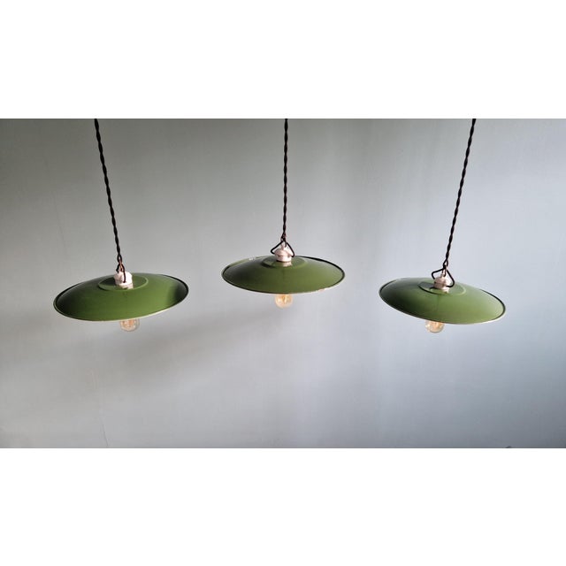 Mid-Century Modern Vintage Industrial Pendant Lights in Green Enameled Sheet Metal and Porcelain, 1940s, Set of 3 For Sale - Image 3 of 18