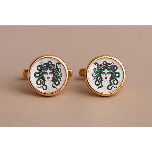 Modern Mother of Pearl Cufflinks - Medusa Cufflinks, A Pair For Sale - Image 3 of 5
