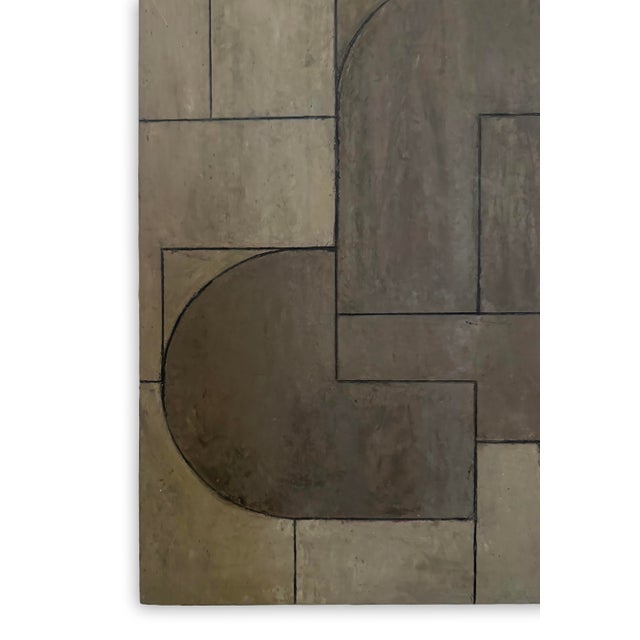 A quiet, architectonic composition built from interlocking curved and rectangular forms. The muted earth-toned palette...