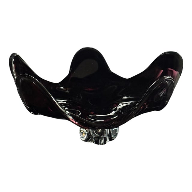 Mid 20th Century Josef Hospodka Chribska Glassworks, Czech Purple Flower Footed Glass Dish For Sale