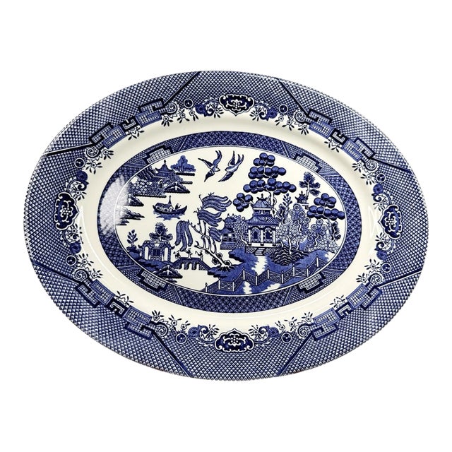 Vintage Mid-Century Modern Churchill of England Blue Willow Oval Serving Platter For Sale