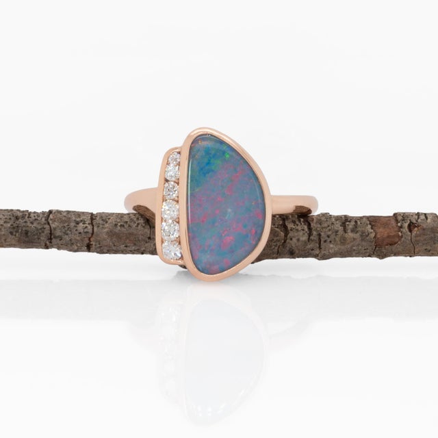 3.37cts Boulder Opal Ring With Natural Diamonds Accents: Solid 14k Rose Gold For Sale - Image 4 of 8