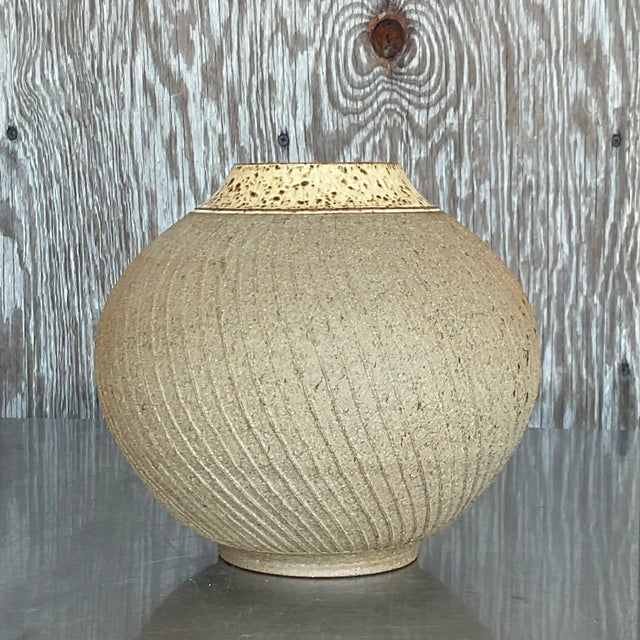 Ceramic Vintage Boho Scored Studio Pottery Vase For Sale - Image 7 of 7